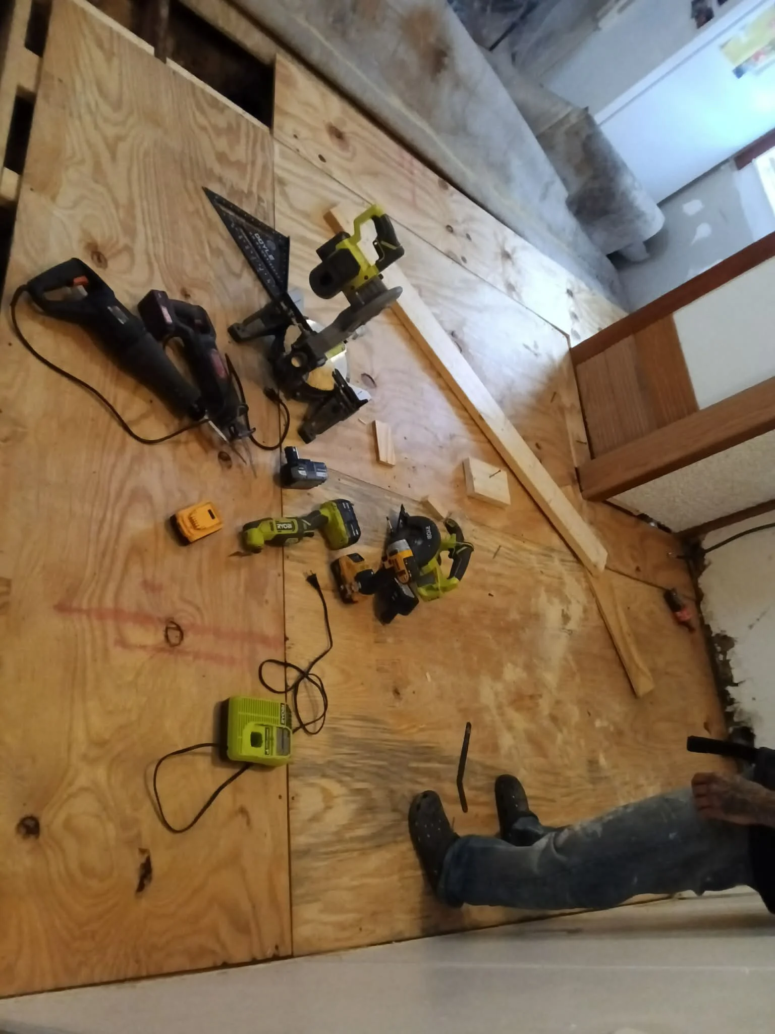 Tools on subfloor during renovation